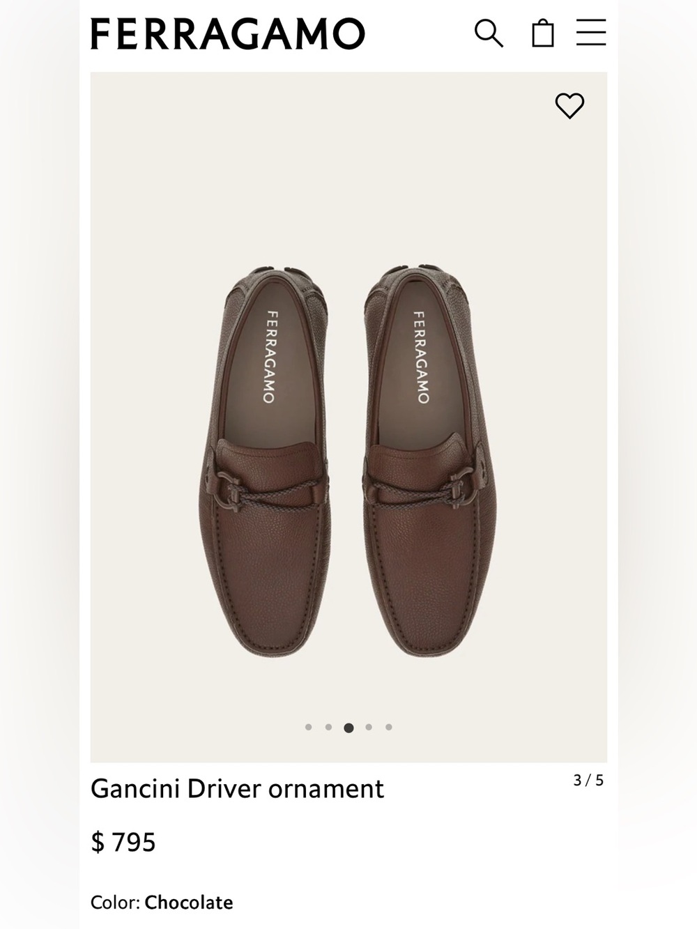 Salvatore Ferragamo Gancini Driver in Chocolate Brown Pebbled Leather